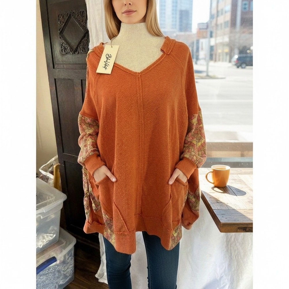 Blue Velvet Women Burnt Orange Waffle Knit Patchwork Boho Thermal Top Size M NEW